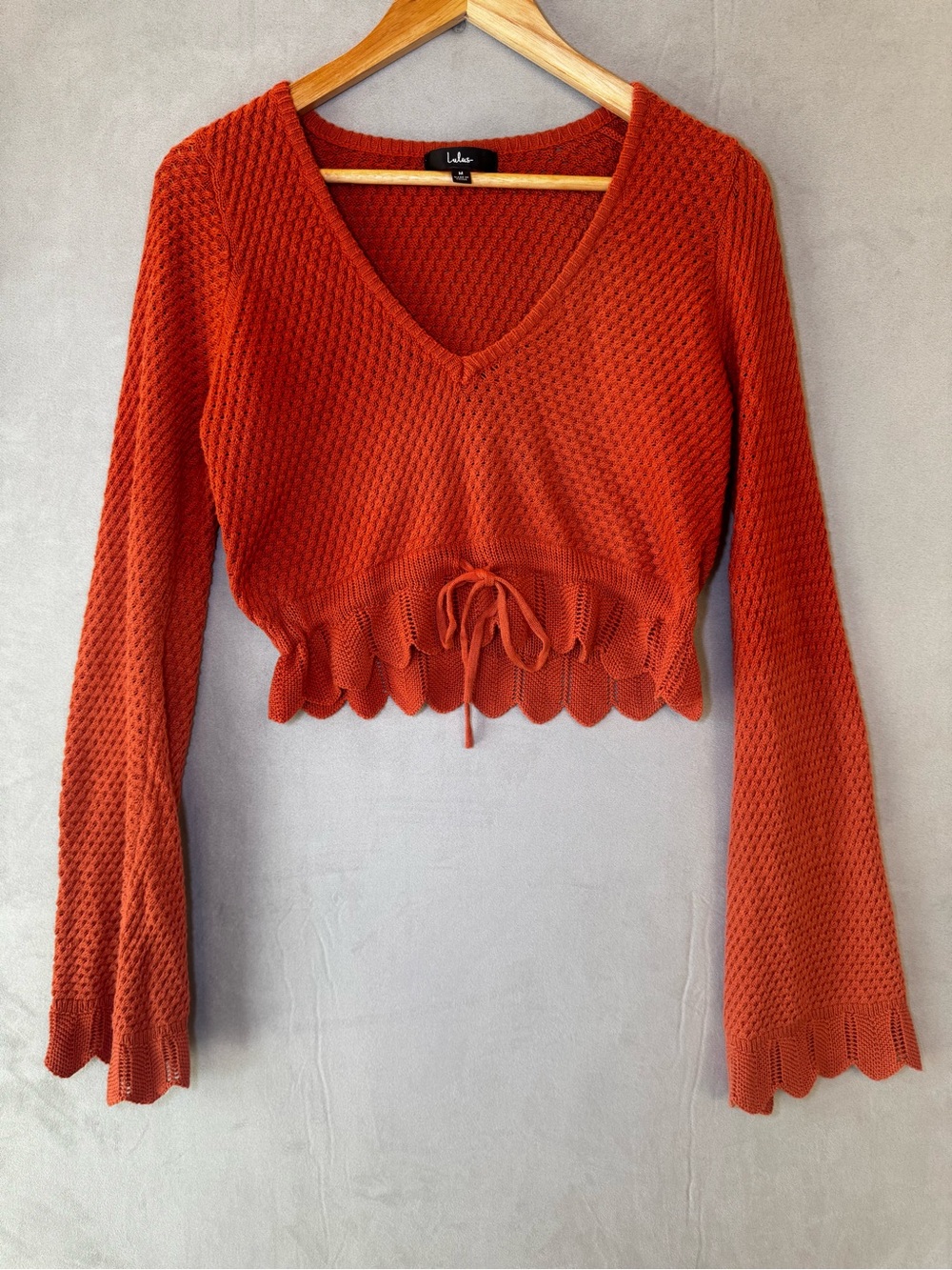 Lulus Crop Sweater M Rust Orange Scallop Hem Tie Front Crochet Knit Boho